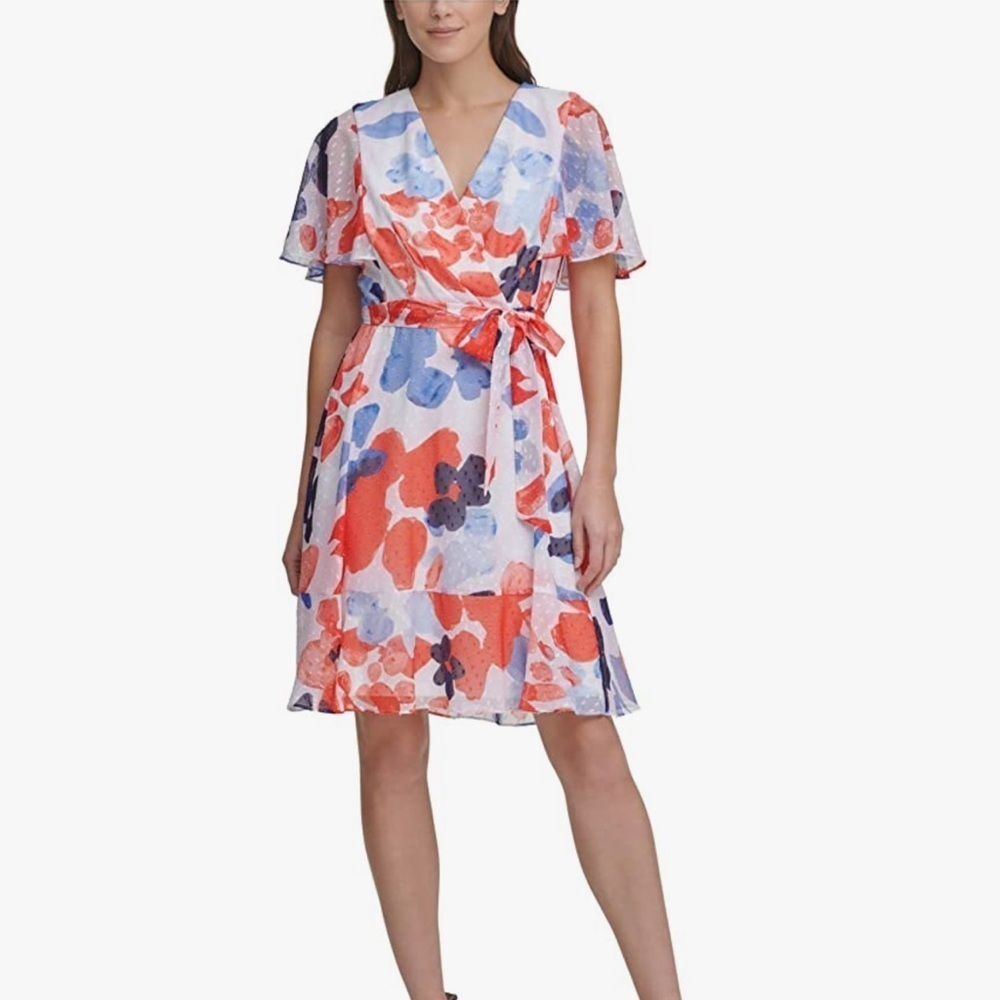 DKNY Women’s white belted zippered floral lined flutter dress Size 14/pl…